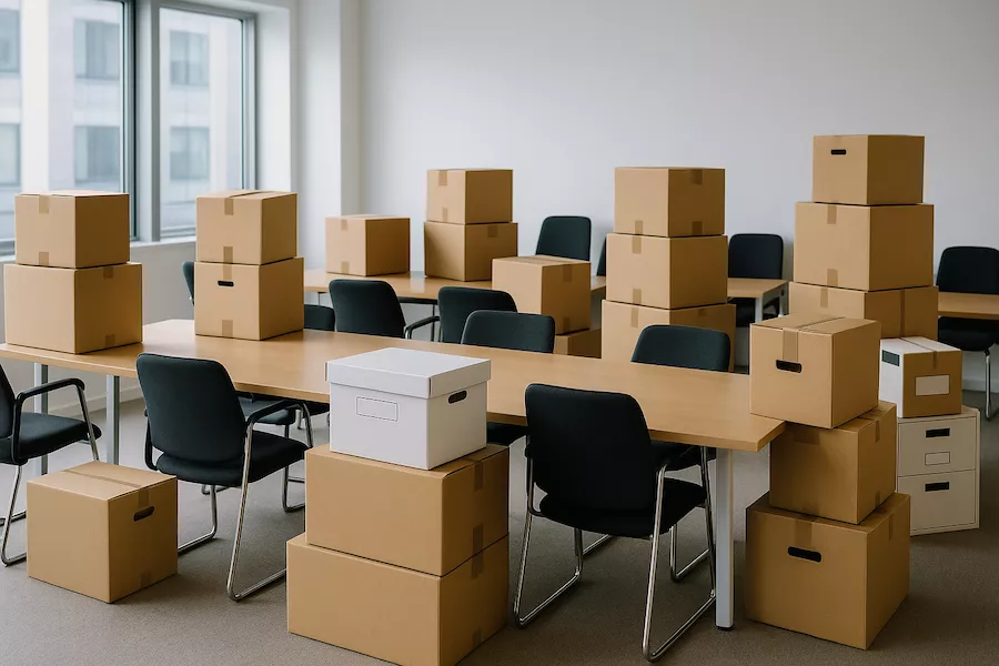 konferensrum med flyttlådor och kontorskartonger
